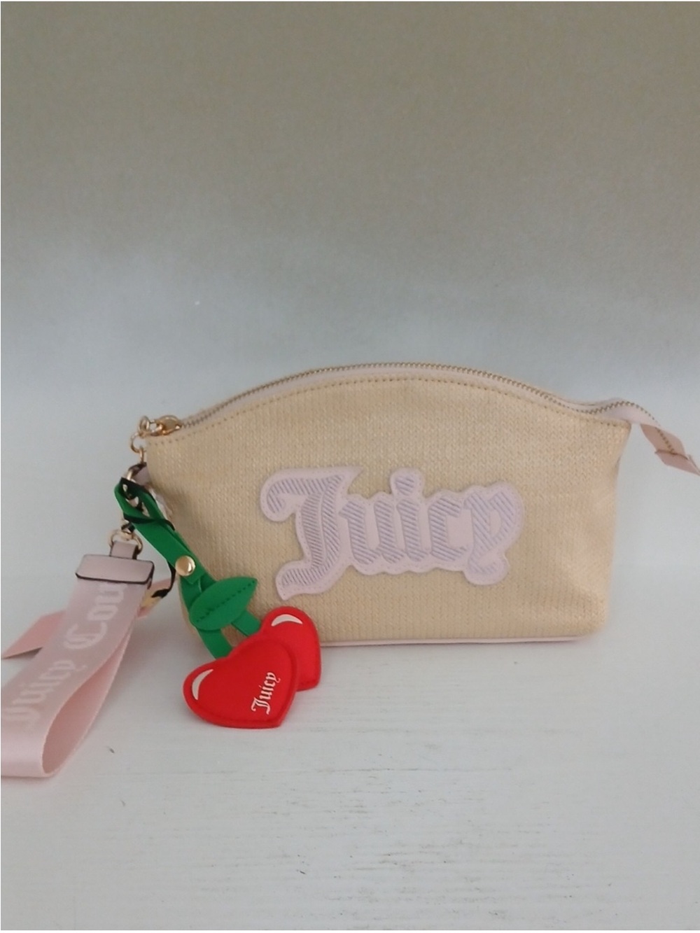 Juicy Couture Beige Canvas makeup bag pouch with Pink Logo and Red Cherry Charm